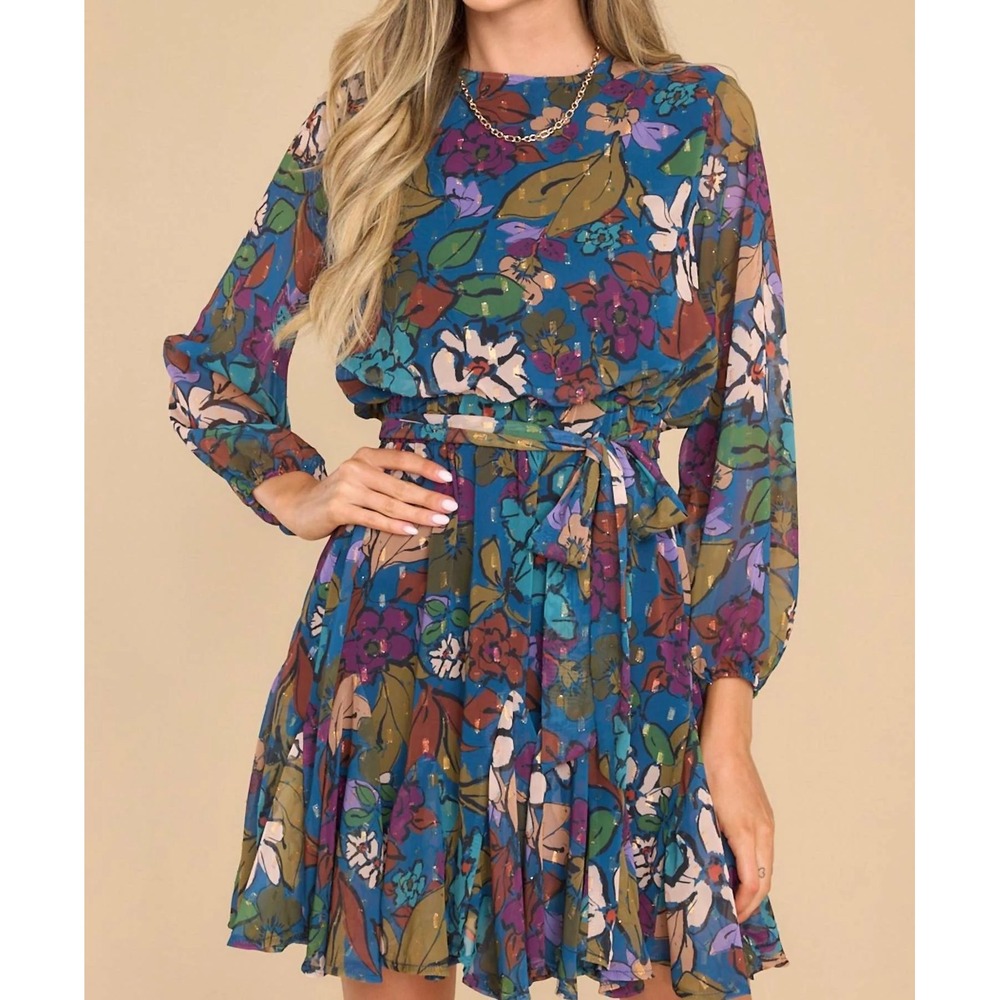 NWT Meet Me in Santorini Floral Mini Dress Sz S Long Sleeve Belted Godet Blue